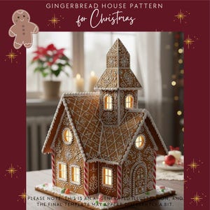 Può includere: Una casa di pan di zenzero dettagliata con decorazioni in glassa bianca, con un alto campanile e diverse finestre. Il testo "GINGERBREAD HOUSE PATTERN for Christmas" è in alto. La base è decorata con caramelle colorate. Il testo in basso dice "PLEASE NOTE: THIS IS AN AI-GENERATED ILLUSTRATION, AND THE FINAL TEMPLATE MAY APPEAR DIFFERENTLY A BIT."