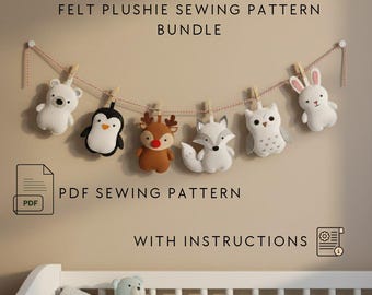 Animal Felt Plushie Sewing Pattern | DIY Soft Toy PDF | Cute Christmas Ornaments Set | Kids felt sewing pattern