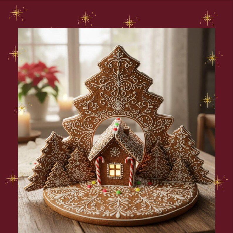 Gingerbread House Template PDF – Printable Gingerbread Pattern with Pine Trees image 3