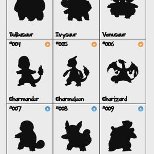 Könnte beinhalten: Neun Silhouette-Bilder von Pokémon-Charakteren, darunter Bisasam, Bisaknosp, Bisaflor, Glumanda, Glutexo, Glurak, Schiggy, Schillok und Turtok. Jede Karte hat eine Nummer und einen Namen.