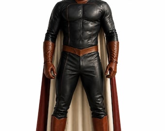 Personalized Dark Guardian Superhero Costume – Leather-Look Bodysuit, Cape, Gloves for Cosplay