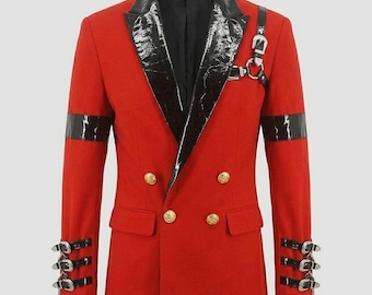 Men’s Luxury Red Double-Breasted Blazer with Black Patent Lapel & Buckle Detail