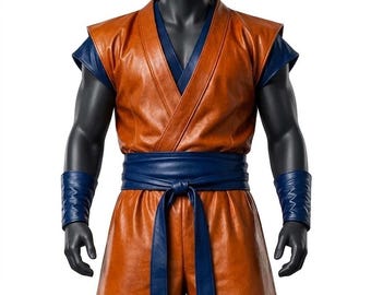 Handmade Anime Inspired Leather Martial Arts Costume – Premium Cosplay Outfit with Blue Belt & Wristbands