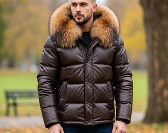 Men's Real Leather Puffer Bomber Jacket with fox Fur Collar – Warm Winter Coat