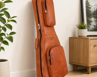 Personalized Leather Guitar Gig Bag | Vintage-Inspired Brown Acoustic Case, Padded Backpack
