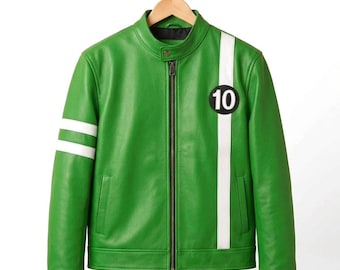 Personalized Ben 10 Inspired Green Leather Jacket  | Stylish Racing Stripe Cosplay Jacket