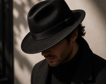 Black Wide Brim Fedora Hat | Classic Vintage, Elegant, Minimalist, Gothic Western Style