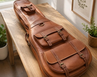 Personalized Brown Leather Guitar Gig Bag, Acoustic Musician Travel Backpack Case