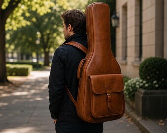 Personalized Leather Guitar Case Backpack, Acoustic Guitar Gig Bag | Brown Leather Instrument Case, Musician Travel Bag, Guitar Gift for Him