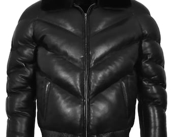 Men's Black Sheepskin Leather Puffer Jacket: Quilted Winter Bomber