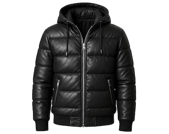 Men's Black Sheep Leather Puffer Jacket | Quilted Hooded Winter Coat, Streetwear Fashion
