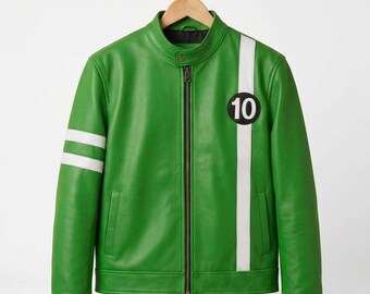 Ben 10 Inspired Green Leather Jacket – Stylish Racing Stripe Cosplay Jacket