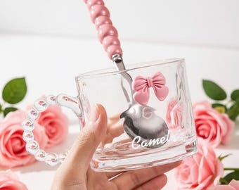 Personalized Glass Mug with Name | Custom Bunny Coffee Cup | Cute Bow Glass Mug with Spoon | Gift for Her | Aesthetic Tea Cup 12
