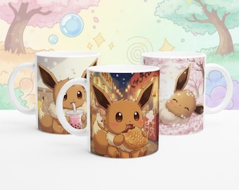 Mug inspiré d'Evoli | Tasse à café mignonne Évoli | Tasse animal Kawaii Anime | Mug esthétique pastel | Cadeau pour les fans de Poke Geschenk