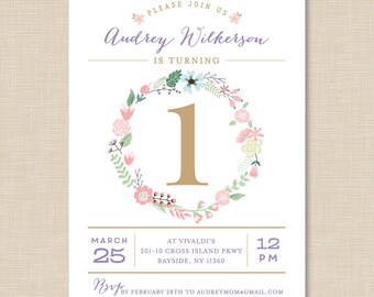 Floral Birthday Invitation, Girls Birthday Invitation, Floral First Birthday Invitation, Pink Flowers