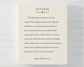 Success Quote CANVAS, Ralph Waldo Emerson Poem, Success Quote, Inspirational Quote, Literary Book Page Art, Office Decor, Graduation Gift