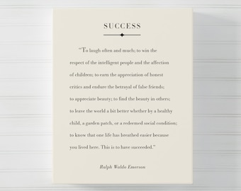 Success Quote CANVAS, Ralph Waldo Emerson Poem, Success Quote, Inspirational Quote, Literary Book Page Art, Office Decor, Graduation Gift