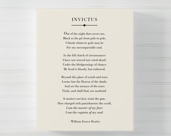 Invictus Poem CANVAS, William Ernest Henley, Motivational Quote, Inspirational Quote, Invictus Canvas, Literature Print, Graduation Gift