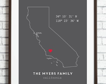 Custom Coordinates, California Wall Art, Personalized Home Coordinates Print, Latitude Longitude, Housewarming, Custom State, New Home Gift