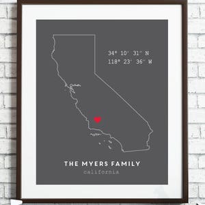 Custom Coordinates, California Wall Art, Personalized Home Coordinates Print, Latitude Longitude, Housewarming, Custom State, New Home Gift image 1