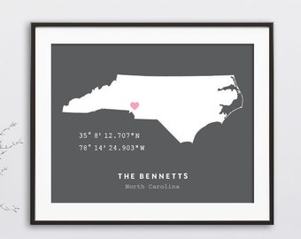 New Home Gift, Housewarming Gift, North Carolina, Custom Coordinates, GPS Coordinates, Latitude Longitude, Custom State