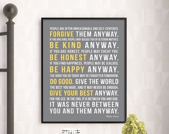 Mother Teresa Quote Print, Do It Anyway, Inspirational Quote Poster or Canvas, Birthday Gift, Home Decor, Bedroom Decor, Words to Live by