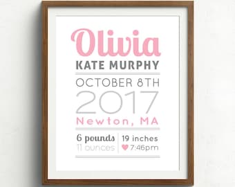 Baby Girl Wall Art, Personalized Baby Gift, Girl Nursery Decor, Girl Room Decor, Personalized Nursery Wall Art in Pink, Birth Stats