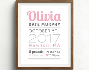 May include: A framed print with a pink and gray color scheme. The print features the name Olivia, the date October 8th, 2017, and the location Newton, MA. It also includes the baby's weight and length: 6 pounds, 19 inches, and 11 ounces. The time of birth is 7:46pm.