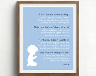 May include: A blue and white printable wall art print with a silhouette of a child praying. The print features a poem about a child's prayer for guidance and protection.