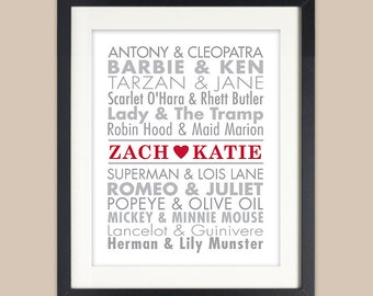 Famous Couples Print Personalized Unique Wedding Gift Anniversary Bridal Shower, Typography