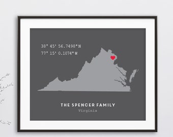 Custom Coordinates, Virginia Map, Personalized Home Coordinates Print, Latitude Longitude, New Home, Housewarming Gift, Custom State