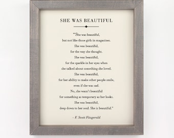 She was Beautiful, F. Scott Fitzgerald Quote, She is Beautiful, Rustic Home Decor, Book Quote, Nursery Decor, Girls Room Decor, Gift for Her