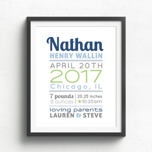 Birth Announcement Wall Art Print, Baby Boy Gift, Birth Stats, Baby Boy Nursery, Baby Decor, navy image 1