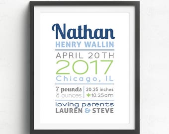 Birth Announcement Wall Art Print, Baby Boy Gift, Birth Stats, Baby Boy Nursery, Baby Decor, navy
