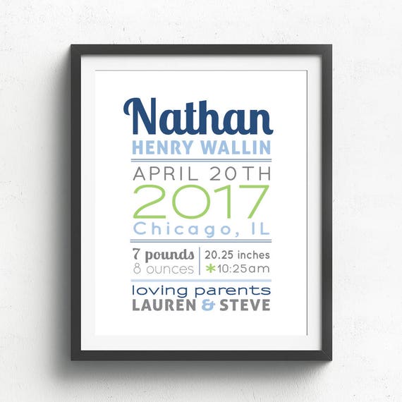 Birth Announcement Wall Art Print, Baby Boy Gift, Birth Stats, Baby Boy Nursery, Baby Decor, navy