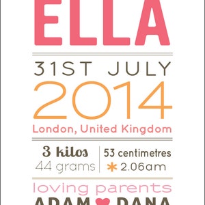 May include: A pink and orange birth announcement for a baby girl named Ella. The announcement includes her birthdate, 31st July 2014, her birth time, 2:06 am, and her birth weight and length, 3 kilos and 53 centimeters. The announcement also includes the names of her parents, Adam and Dana.
