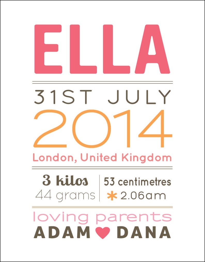 May include: A pink and orange birth announcement for a baby girl named Ella. The announcement includes her birthdate, 31st July 2014, her birth time, 2:06 am, and her birth weight and length, 3 kilos and 53 centimeters. The announcement also includes the names of her parents, Adam and Dana.