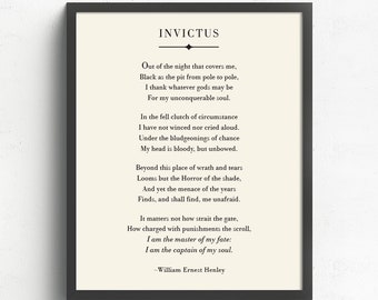 Invictus Poem, William Ernest Henley, Inspirational Encouraging Quote, Grad Gift Motivational Quote, Invictus Print, Graduation Gift, Office