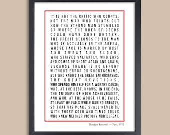 Man in the Arena, Inspirational Quote Print, Canvas, Roosevelt Quote, Gift for Him, Motivational Poster, Graduation Gift, Office Wall Art