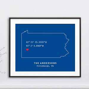 Latitude Longitude Coordinates, Pennsylvania Wall Decor, Coordinates Print, Housewarming Gift, GPS Coordinates Choose Your State