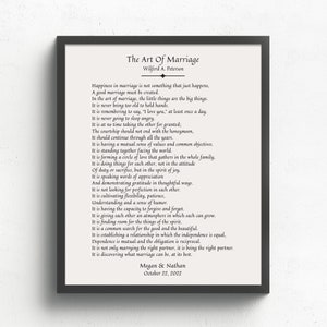The Art of Marriage Poem, Marriage Gifts, Wedding Gift, Marriage Quote, Paper Anniversary Gift, Marriage Blessing, Wedding Reading Poem