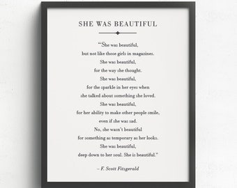 She was Beautiful, F. Scott Fitzgerald Quote, She is Beautiful, Valentines Day Gift for Her, Rustic Home Decor, Book Quote, Gift for Women