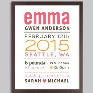 May include: A pink and orange birth announcement poster with the name "emma" in large pink letters, followed by the text "GWEN ANDERSON", "FEBRUARY 12th 2015", "SEATTLE, WA", "6 pounds 10 ounces", "19.5 inches *12:10pm", and "loving parents SARAH MICHAEL".