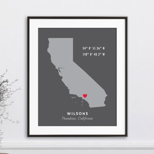 Personalisierte Koordinaten Geschenk, Kalifornische Karte, GPS Koordinaten, Breitengrad Länge, Individueller Zustand, Wohndeko Geschenk