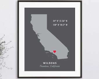 Personalized Coordinates Gift, California Map, GPS Coordinates, Latitude Longitude, Custom State, Housewarming Gift