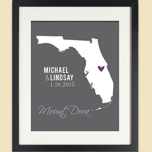 Florida Map Print, Gepersonaliseerde Huwelijkscadeau voor paar, Florida Wedding, Bruidsdouche Cadeau, ELKE Staat of Stad