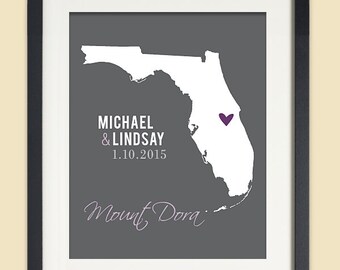 Florida Map Print, Personalized Wedding Gift for Couple, Florida Wedding, Bridal Shower Gift, ANY State or City