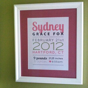May include: A white picture frame with a pink mat and a white paper insert. The paper insert has the text "Sydney Grace Fox" in pink lettering, "February 21st 2012" in green lettering, "Hartford, CT" in green lettering, "9 pounds 21.25 inches 6 ounces 8:55am" in black lettering.