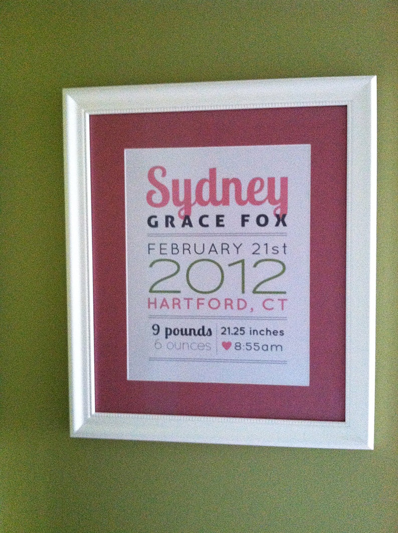 May include: A white picture frame with a pink mat and a white paper insert. The paper insert has the text "Sydney Grace Fox" in pink lettering, "February 21st 2012" in green lettering, "Hartford, CT" in green lettering, "9 pounds 21.25 inches 6 ounces 8:55am" in black lettering.