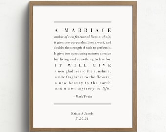 Personalized Marriage Poem by Mark Twain, Valentines Gift, Marriage Quote, Gift for Wife, Paper Anniversary Gift, Gift for Bride and Groom